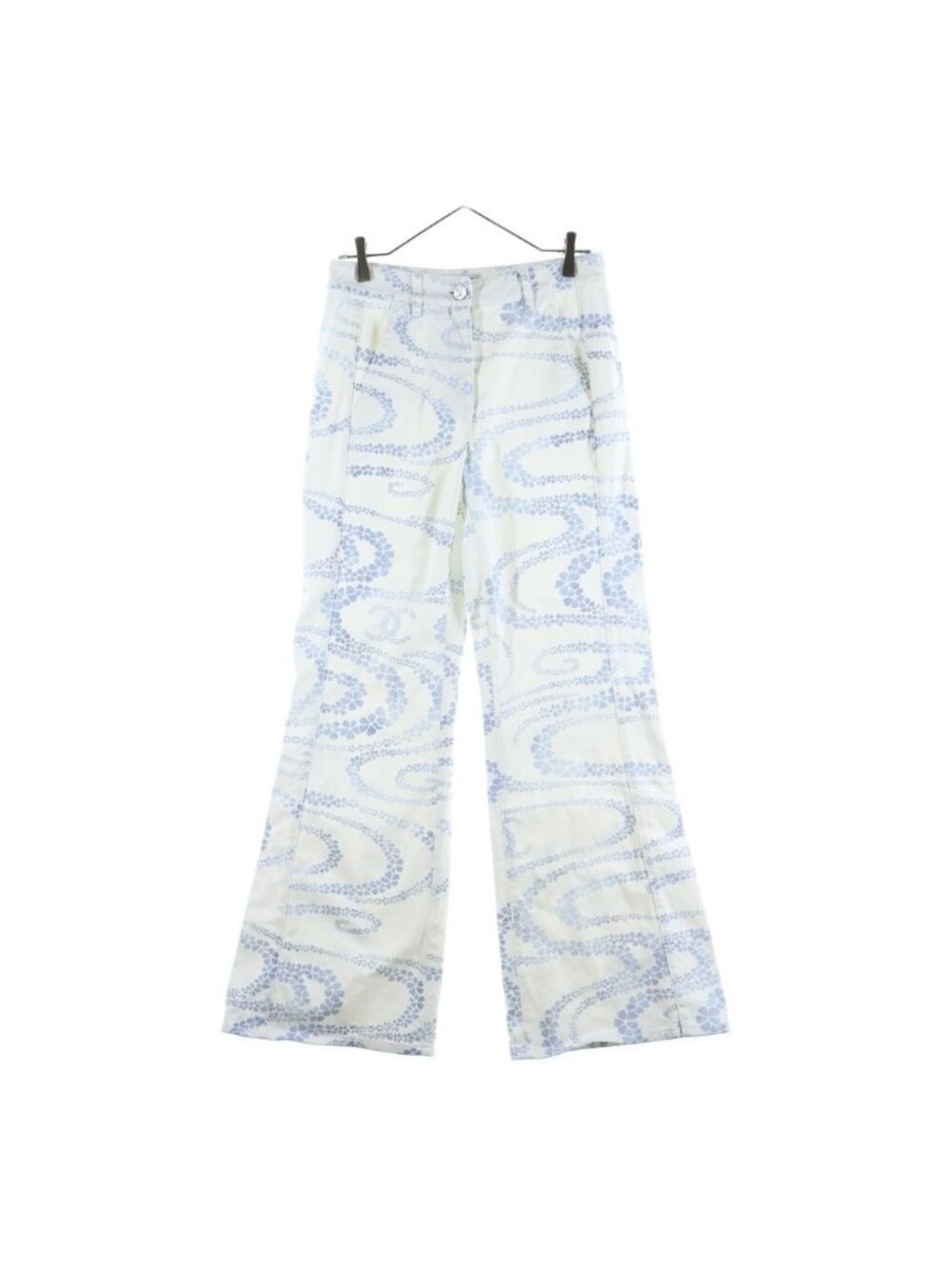 Chanel Coco Beach Printed Denim Pants Print Flare Jeans Wide CC Logo White Blue